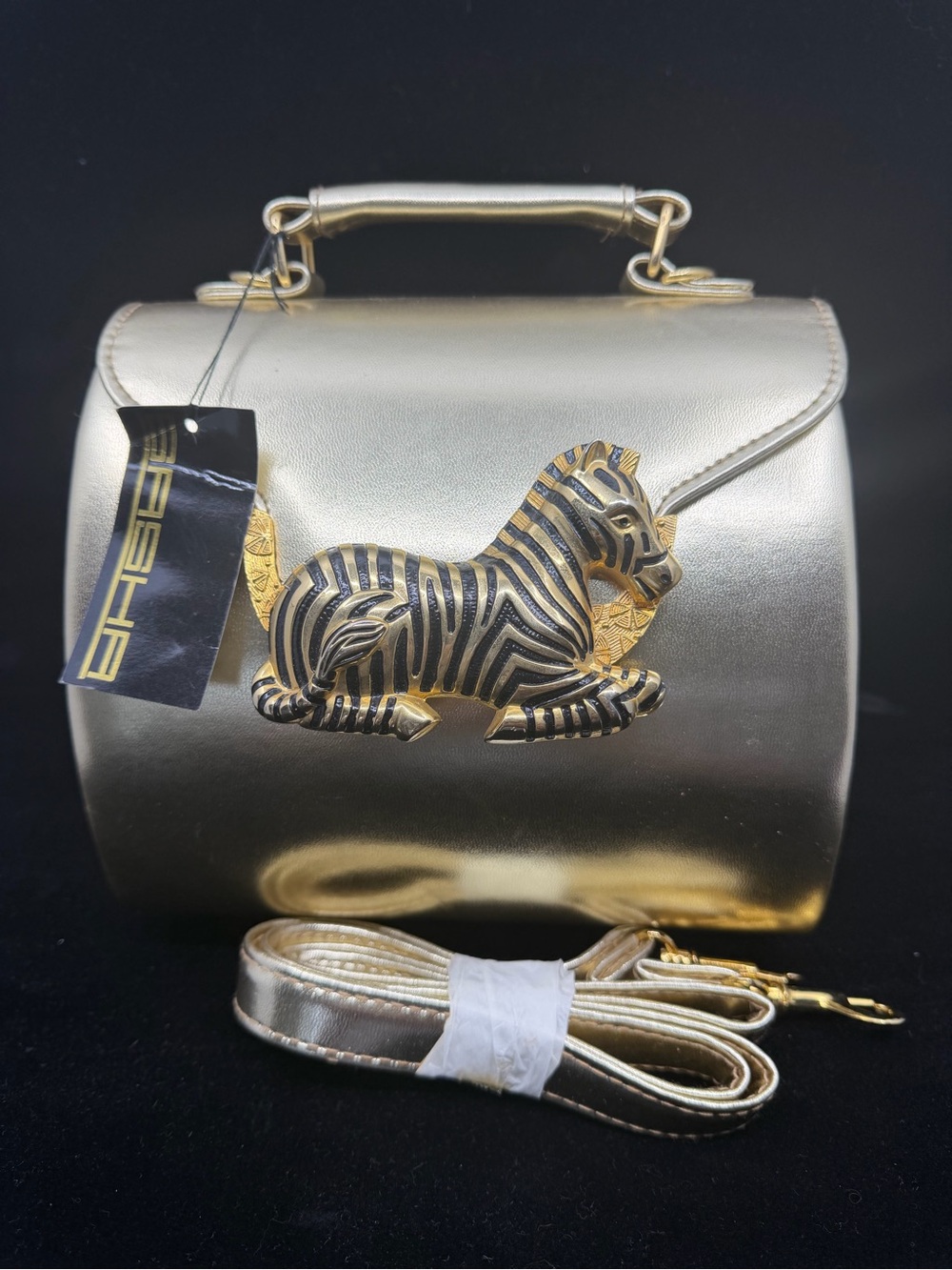 Vtg 90s Sasha gold faux leather purse zebra clasp top handle or shoulder